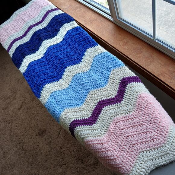 Handmade Small Crochet Afghan Throw  ~105" x 60" / 8.5 ft x 5 ft baby blanket - Picture 1 of 5